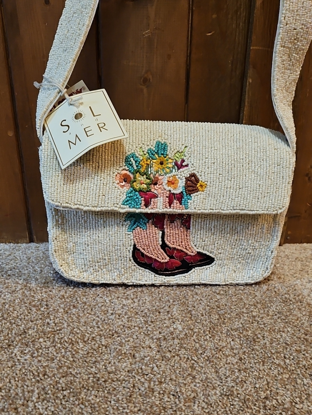 Cream Beaded Crossbody Bag with Cowgirl Boots